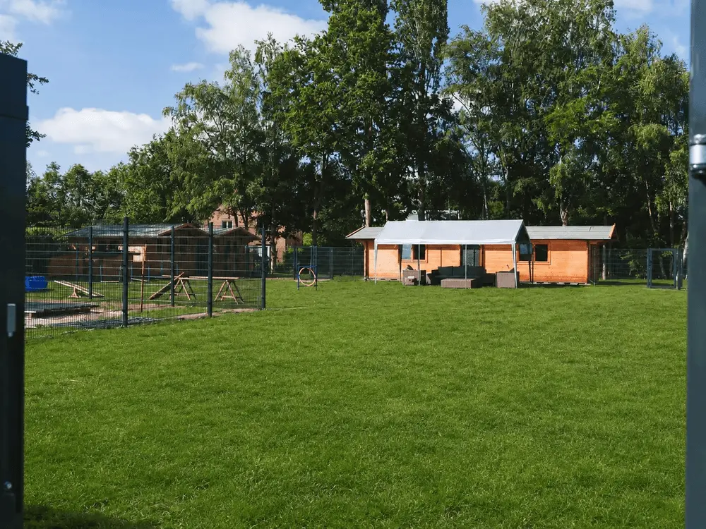 Großes, sicher eingezäuntes Freigelände der Hundestube Bremen